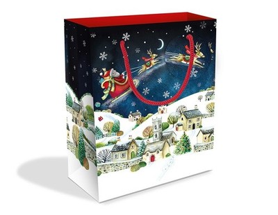 Santa Over the Rooftops by Deva Evans Weihnachten Medium Geschenktüte mit Etikett