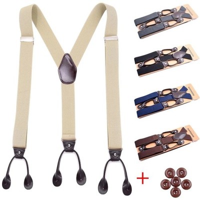 Hosenträger mit Knopfloch 6 Knöpfe Echt Lederpatten für Herren Damen Hosen