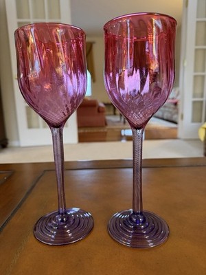Pair of Alex Brand Hand Blown Wine Goblets Swirled Cranberry Bowl/Amethyst Stems