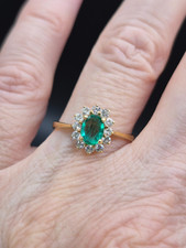 Vintage 14ct Emerald & cz Gold Halo Ring, Size M