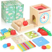 Kizfarm Wooden Montessori Baby Toys, 8-in-1 Play Kit Includes Object...