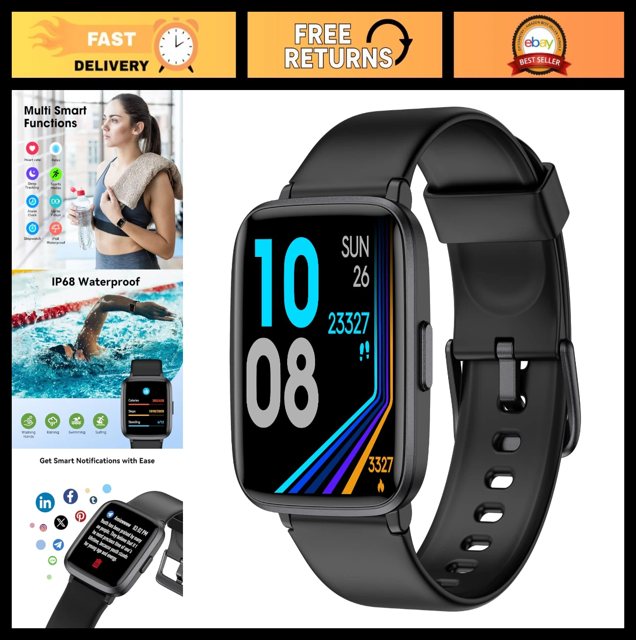 Fitness Tracker Watch - Heart Rate Monitor, Activity & Sleep Tracker, IP68 Water