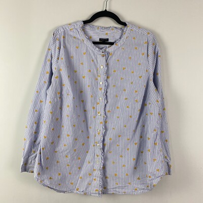 Talbots Striped Heart Print Button Up Shirt Size 1X Blue White Yellow Ruffle