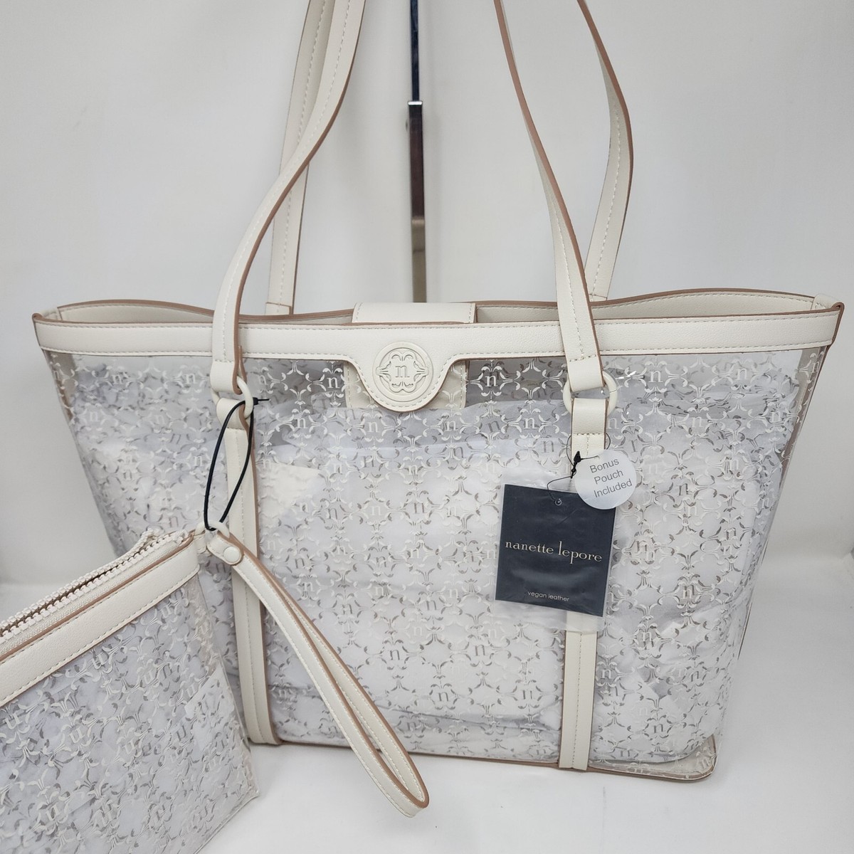 Nanette Lepore Tote Womens Maxine Clear Handbag Vegan Logo Allover