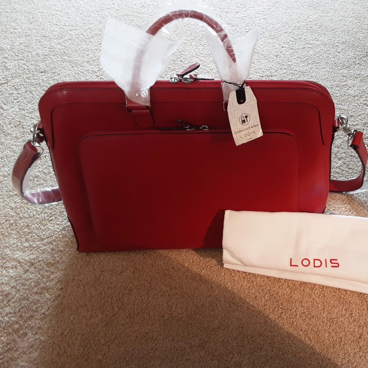 Lodis Italian Leather Brera Red Briefcase RFID Protection NEW W  Tags/Storage Bag