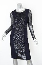VERSACE Womens Navy+Black Sequin Lace Long-Sleeve Back Cutout Dress 42/6