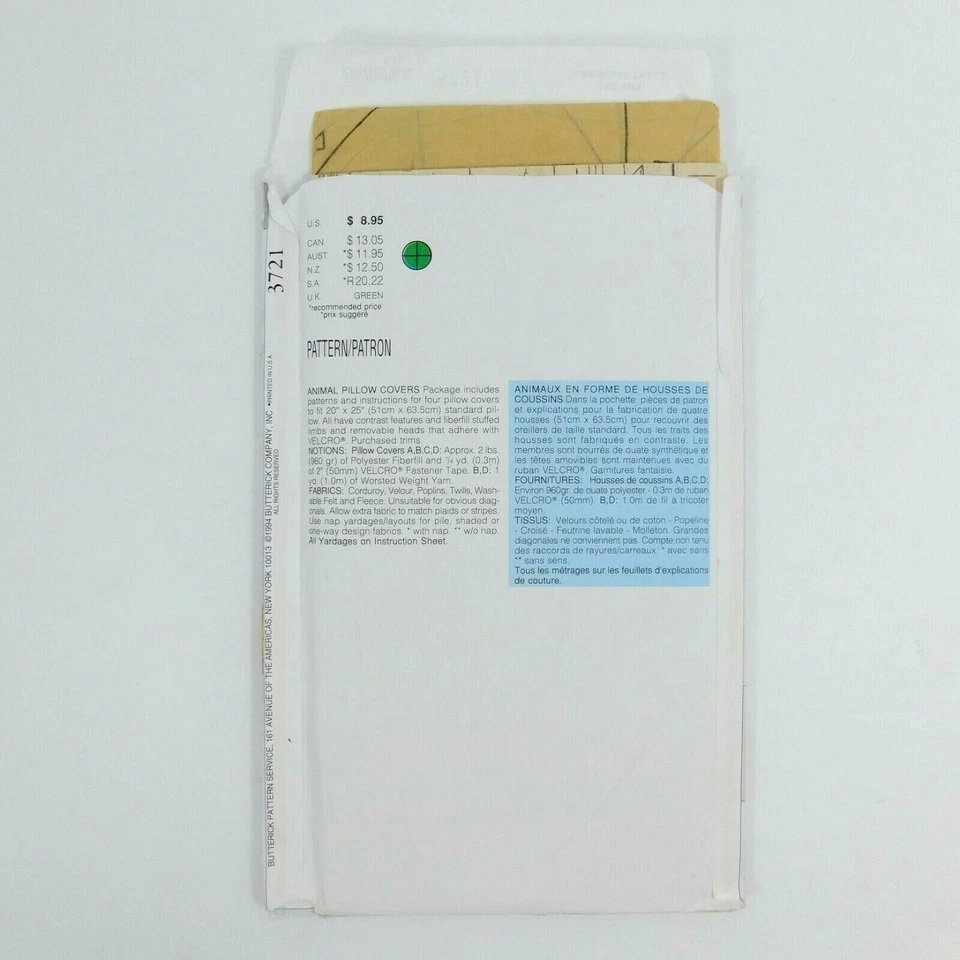 Butterick 3721 Craft Animal Pillow Cover Sewing Pattern Dinosaur Lion Cow Bear - Image 4 of 4