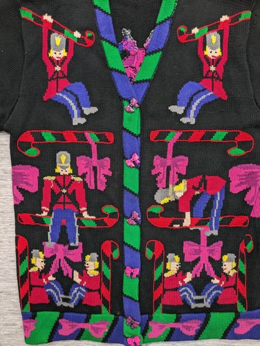 VTG Jack B Quick Belle Point Christmas Cardigan 90s Sz M Allover Print Buttons - Picture 5 of 13