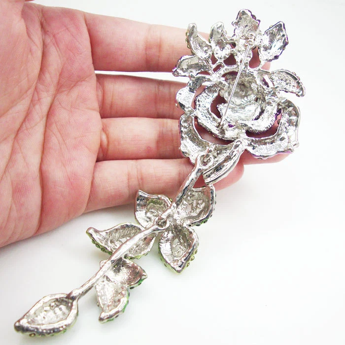 Nuevo Hermoso Broche Pin Diamantes de Imitación Cristal 5.3" Flor Rosa Púrpura Tono Dorado Foto 3 de 4