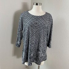 Lucky Brand Womens Plus 1X Black White 3/4 Sleeve Top Shirt Boho