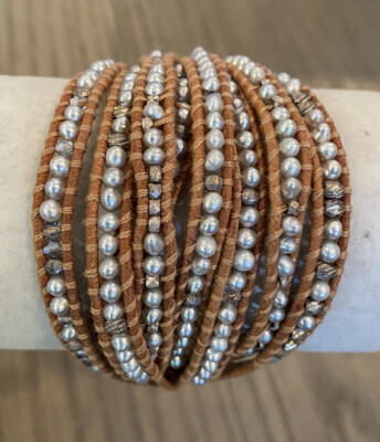 New Auth Chan Luu Grey Pearl Mix Multi Strand Single Wrap Leather Bracelet 