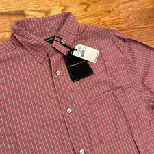 New John Varvatos Button Up Dress Shirt Mens Medium Casual Red Gray Check Pocket