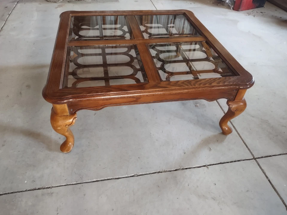 Vintage coffee table - Unique, Smoked Beveled Glass Inserts, French Style Legs - Image 2 of 4