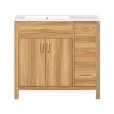 36" Wood Bathroom Vanity with Solid Wood Frame, 2 Soft Close Doors, 3 Soft