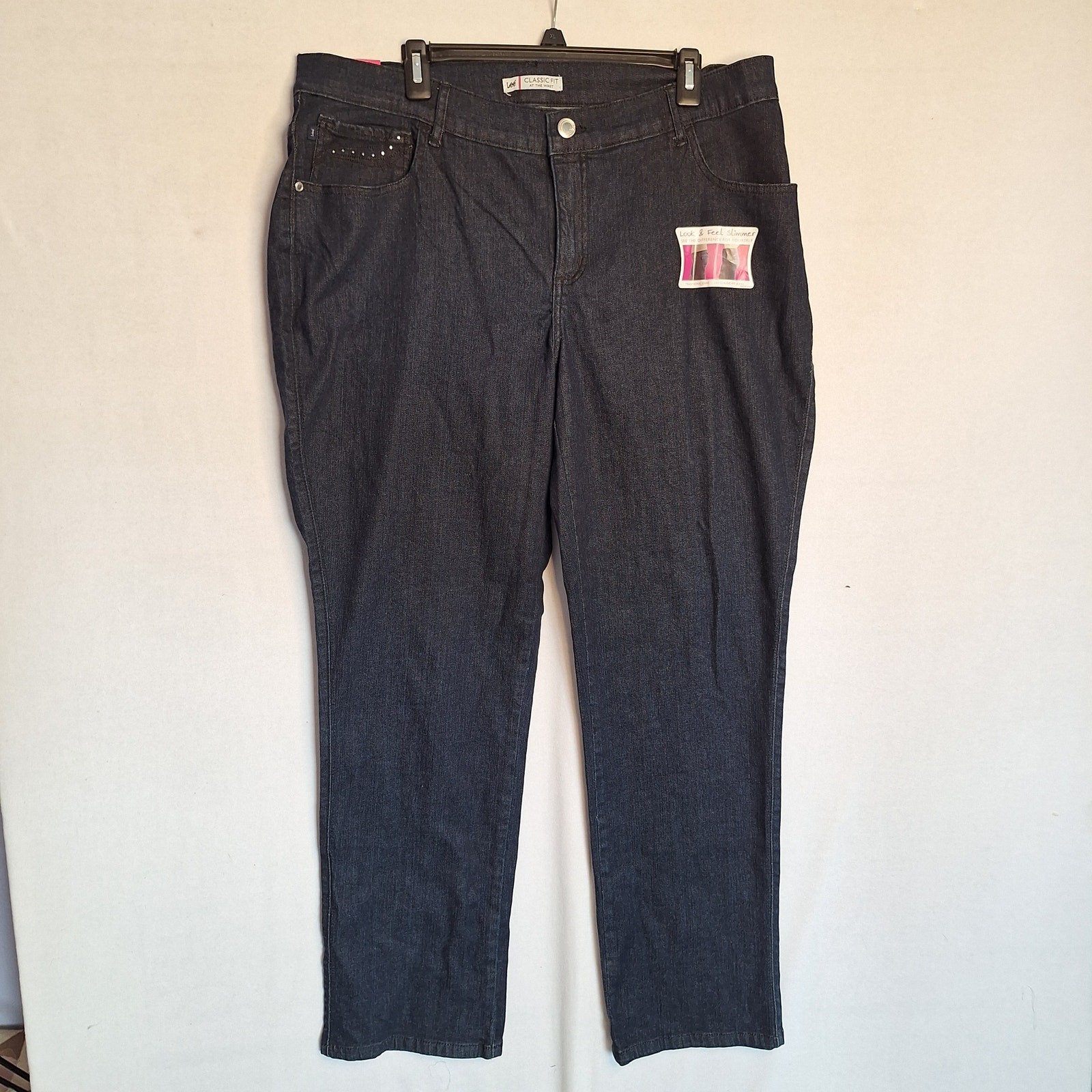 Womens 18 W Dark Wash Classic Fit Bling Slimming Closet Stap