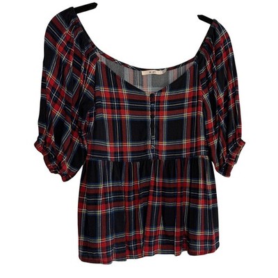 Mi Ami Francescas Red Black Plaid Puff Sleeve Babydoll Blouse WS21154-1 Mens M