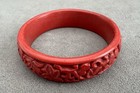 Vintage .75" Wide Carved Red CINNIBAR BANGLE BRACELET 8" Flowers Leaves — photo 5