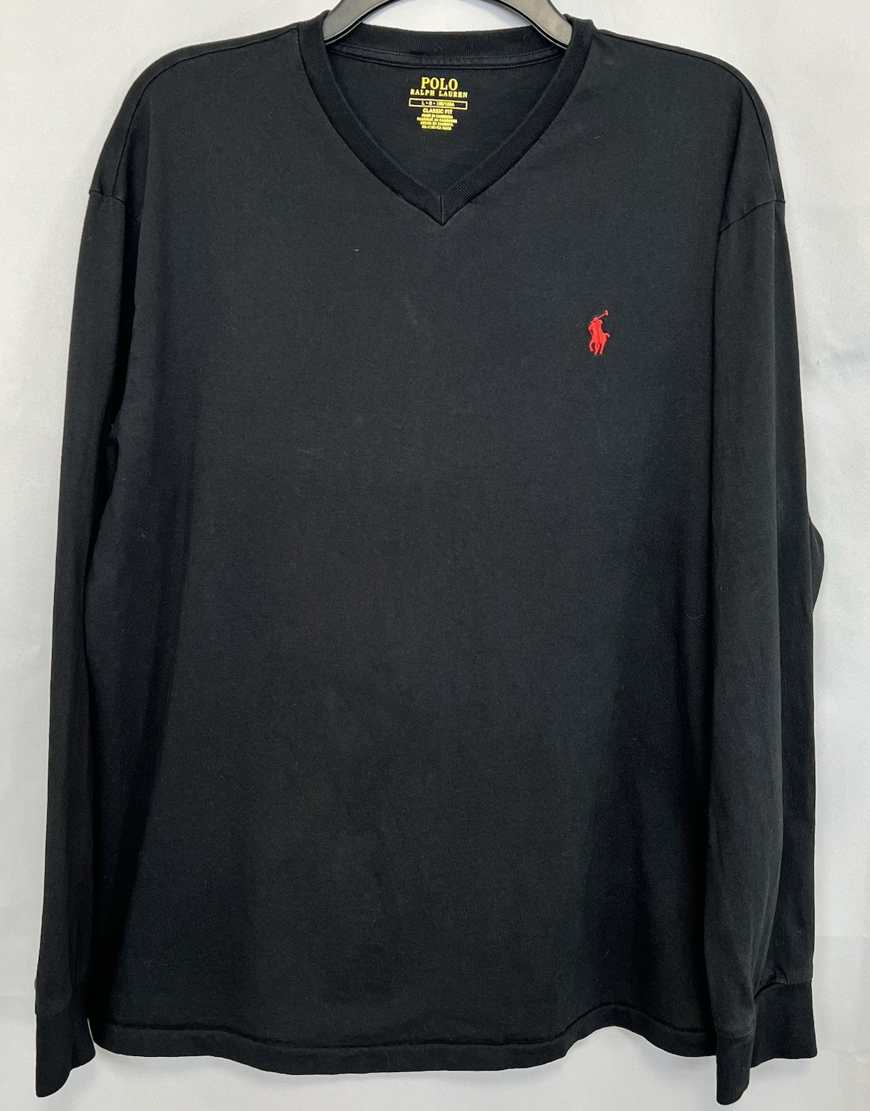 Polo Ralph Lauren nera scollo a V t shirt uomo adulto grande manica lunga rosso logo pony