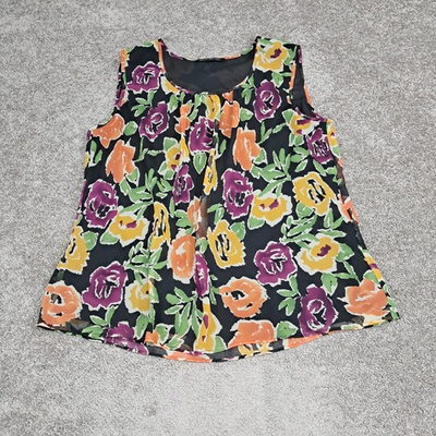 #ad Briggs New York Women#x27;s Blouse Sleeveless Sheer Round Neck Floral Black Measured $6.94