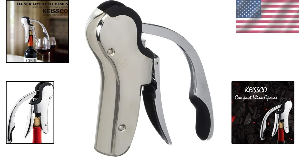 Elegant Chrome Vertical Corkscrew Wine Opener with Non-Slip Grip & Foil Cutter - Image 2 of 4
