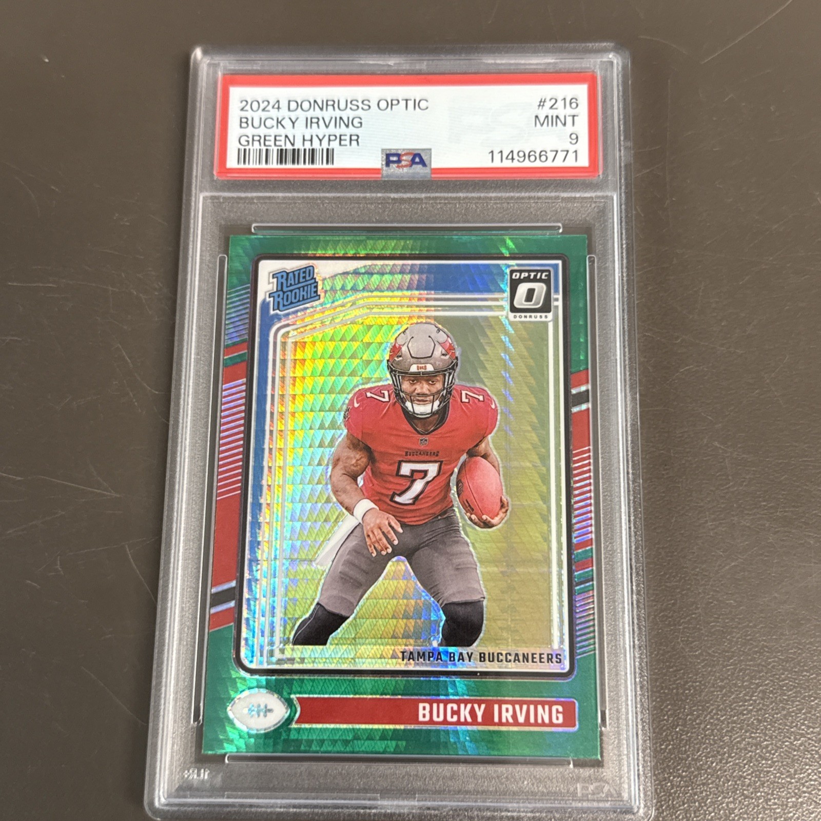 2024 Optic Bucky Irving #216 Green Hyper Rated Rookie PSA 9