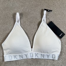 DKNY Seamless Litewear Rib Bralette White Gray Logo NWT Adjustable Bra Medium