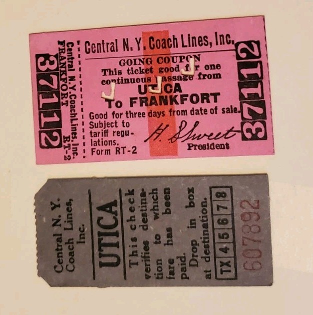 RARE Bus Tickets 1954 Central NY coach lines Utica - Frankfort J punch+ Check