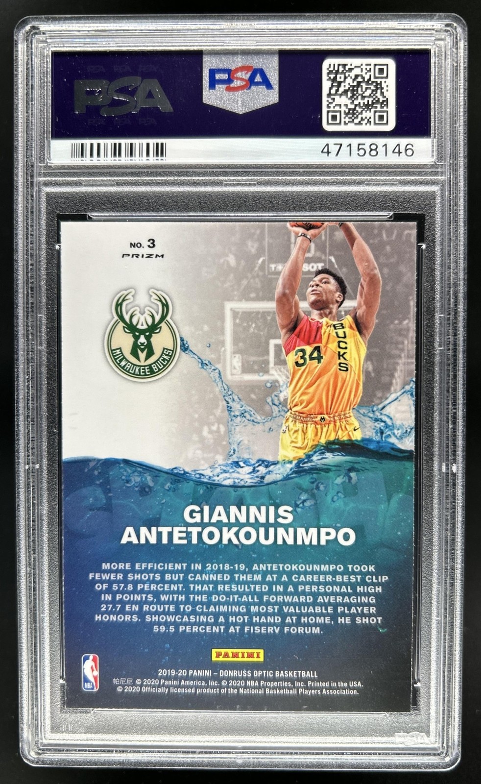 2019-20 Panini Donruss Optic Giannis Antetokounmpo Splash! Holo #3 Bucks PSA 10 view 2