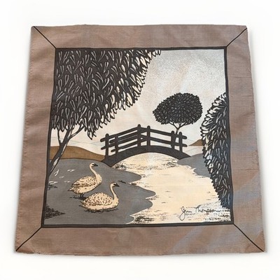 Jim Thompson Vintage Handkerchief Scarf 15.5  X 15.5  Swans Taupe Lake Landscape