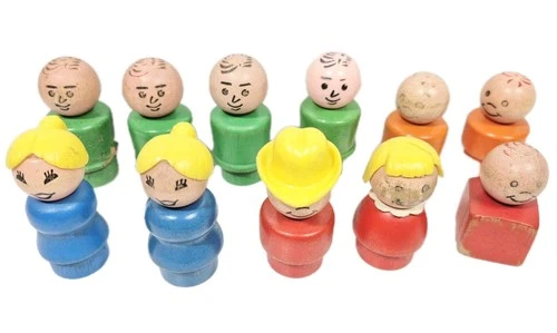 Vintage 1970's Wood Fisher Price Little People & Lot of 11 items, Wooden