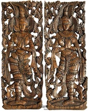Thai Greeting Figure Sawaddee Asian Carved Wood Wall Art Panels. Set of 2 Brown