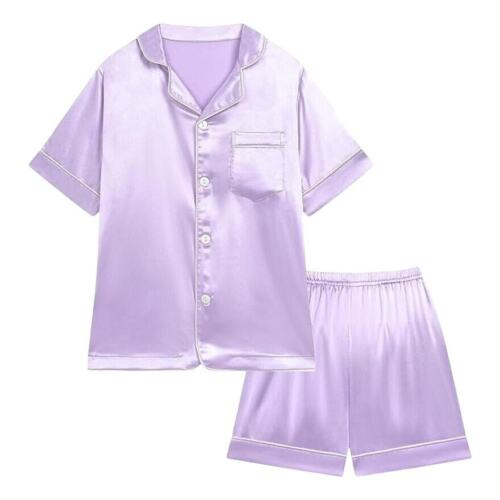 Weixinbuy Kids Pajama Button Up Silk Set in Lilac, Size 9-10