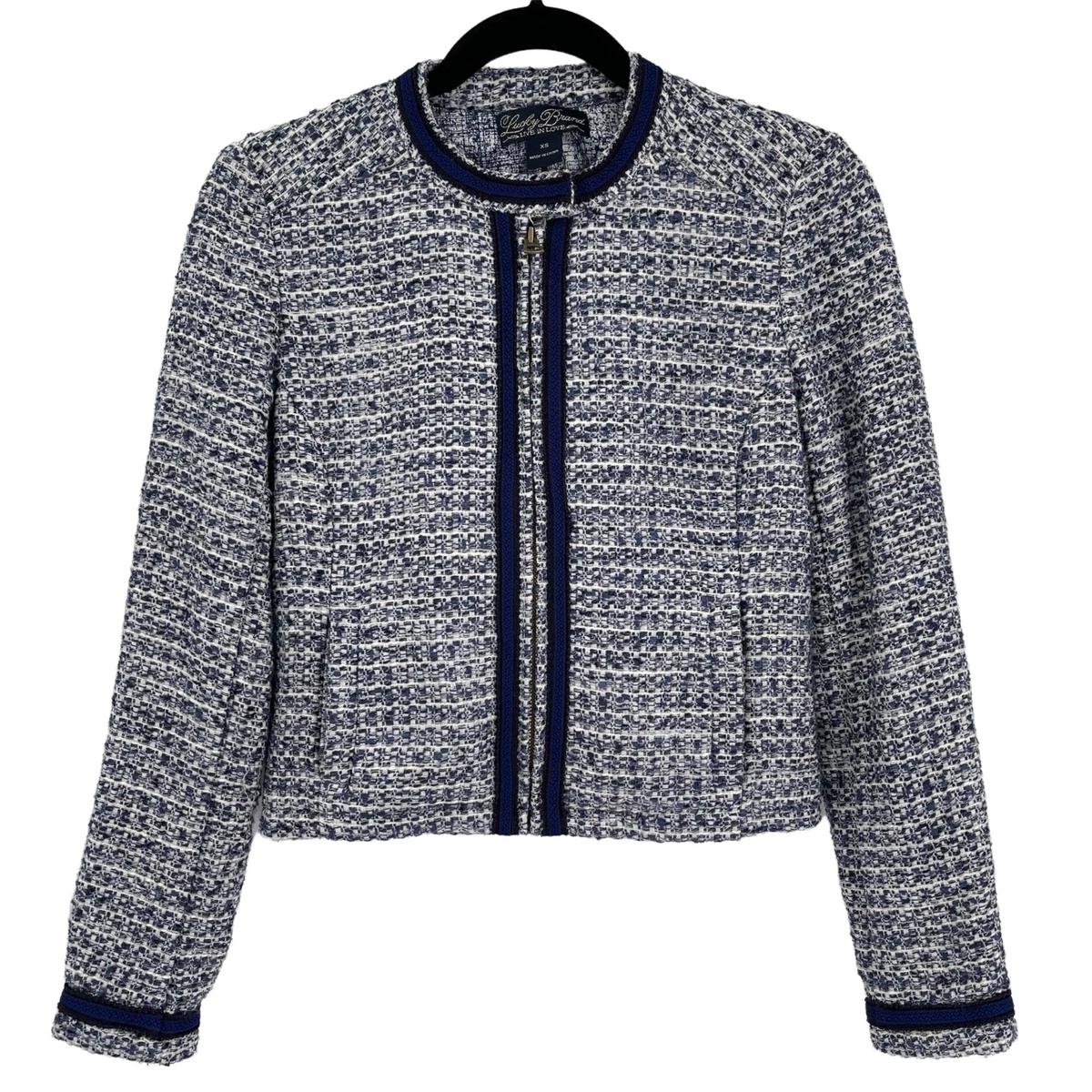 Lucky Brand Cropped Tweed Jacket Blazer Blue White Pockets Zip Front Women  XS | eBay