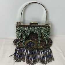 VTG Embroidered Beaded Natural Stone Evening Handbag Purse Rhinestone Closure