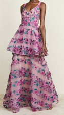 $1295 New Marchesa Notte Floral Embroidered Tiered Gown Fringe Pink Lace 0 