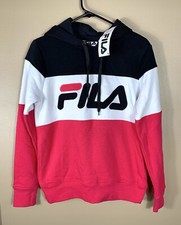 NWT FILA Logo Colorblock Fleece Hoodie Black, White, Pink Long Sleeves Size S