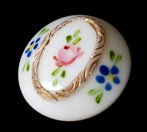 Milk Glass with Rose & Forget-Me-Nots Antique Button Glows In Black Light - Picture 1 of 4