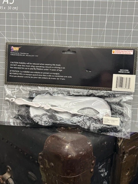 Forum Adult Lace Silver/Black Half Mask With Handle Halloween Costume Accessory - Image 2 of 2