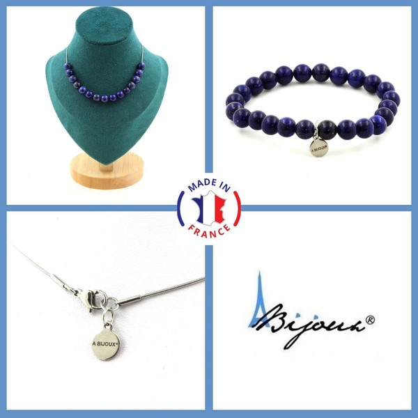 Schmuckset Armband Halskette 15 Perlen Lapislazuli 8 Mm. Kette In GrößE Pe-image
