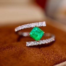 925 Silver 18K Gold Plated Natural Emerald Cut Emerald Engagement Ring for Her