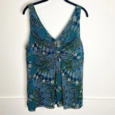 Apt 9 Sheer Sleeveless Top • Women’s XL • Leaves Print • Blue & Green