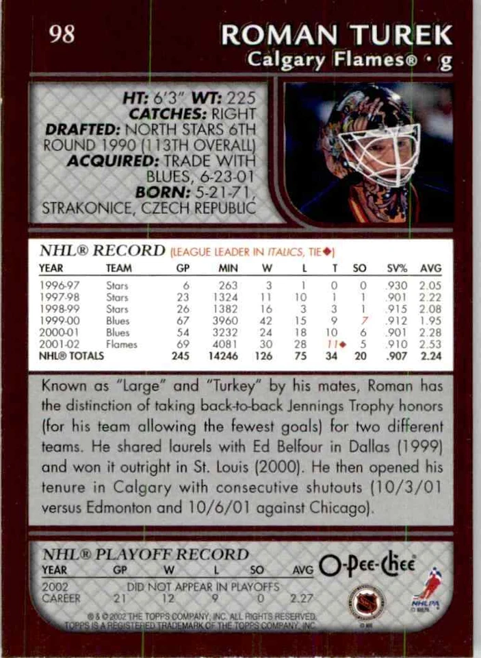 2002-03 O-Pee-Chee Roman Turek #98 - Image 2 of 2