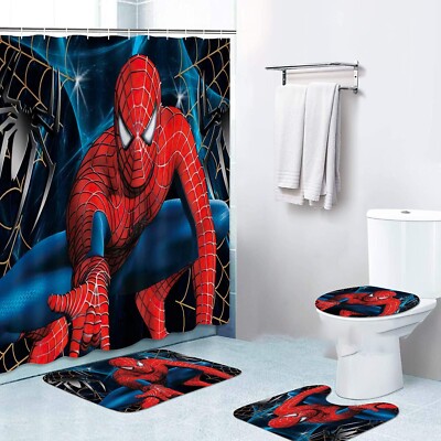 Spiderman Bathroom Rug Set Shower Curtain Bath Mats Non-Slip Toilet Lid Cover