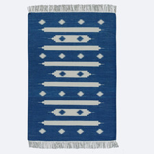 Handwoven Cotton Dhurrie Rug Color Indigo Blue and White Design Carpet Rug
