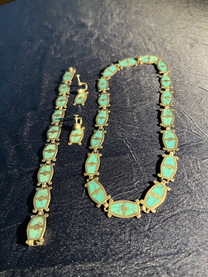 VTG Taxco 950 Sterling Silver Turquoise Necklace Bracelet & Earrings Set Mexico - Image 4 of 4