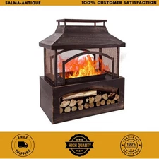 37 In. Steel Outdoor Wood Burning Fireplace with Wood Storage Rectangular Freest