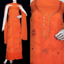 ORANGE CHIFFON MIRROR  BEADS WRK INDIAN PAKISTANI LADIES SALWAR KAMEEZ SUIT SNJ