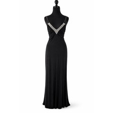 VTG Dave  Johnny Black Beaded Back Prom Gown SZ 13/14 L  Lined Hoco Y2K Slit