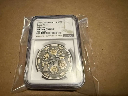 2024 Cameroon S2000F Peacemaker UHR Antiqued Gold Gilding 1 OZ Silver NGC MS 70