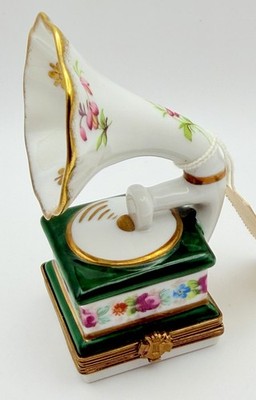 Limoges France Floral Gold Victorola Music Record Player Trinket Box Peint Main
